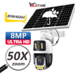Caméra solaire Wistino 80W40AH, 8MP HD, vision nocturne, zoom 50X, détection de mouvement, étanche, caméra solaire 4G pour extérieu